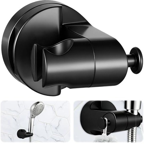 Suction Cup Showerhead Holder for Wall, Removable No Drill Handheld Shower Head Wall Mount Bracket with Convenient Hook, Adjustable Wand Holder Hose Bracket for Bathroom Wall (Black)