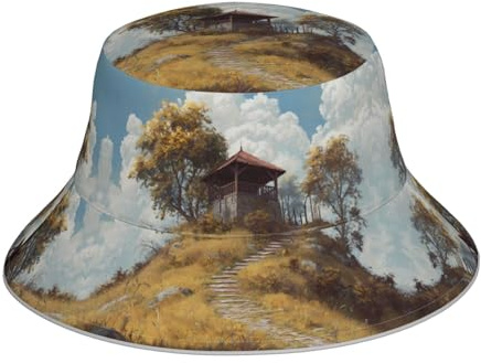 HHGFASD Reflective Double-Sided Bucket hat Pavilion on The Hill Pattern Foldable for Beach, Camping Black