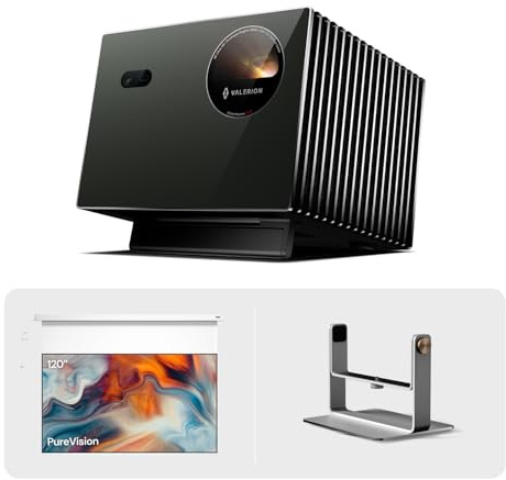 Valerion VisionMaster Pro2 - Proyector láser triple 4K con pantalla motorizada antimanchas de 100 y soporte para cardán de escritorio, configuración mejorada de cine en casa