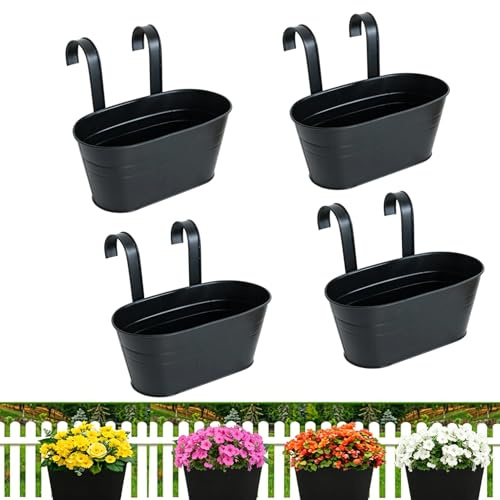 Bssowe 4 Stück Hängetöpfe 28cm mit Drainageloch, Metall, Schwarz | Mit Abnehmbaren Haken, für Balkon, Zaun, Garten und Wand, Wetterfest und Langlebig