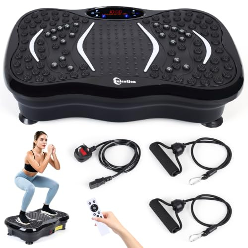 Ruication Vibration Plate Exercise Machine, Vibration Fitness Trainer with Bluetooth Speaker, Home Exercise Equipment for Fitness Body Toning 5 Program Modes 99 Speed Levels, 2 Resistance Bands Black