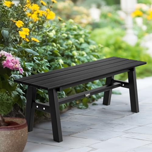 Bonnlo Sitzbank HDPE, wetterfeste Gartenbank mit Metall-Beine, Essbank ohne Rückenlehne, Gartenmöbel bis 300kg belastbar, Moderne Bank für Garten, Flur, Esszimmer, 118cm (schwarz)