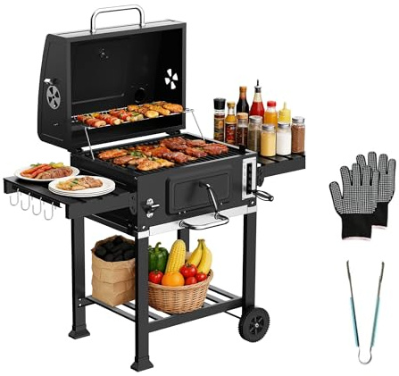 TEENO Barbecue au Charbon XXL -Thermomètre Intégré,Partis et Famille | Gants Anti-Chaleur, Cheminée, Ouvre-Bouteille & Fumoir - 6 vitesses Grand Modèle pour Grillades Extérieures