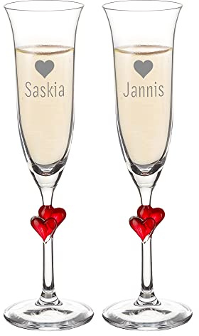 AMAVEL 2er Set Sektgläser mit roten Herzen und Gravur, Herzen, Personalisiert mit Namen, Sektkelche, Sektflöten