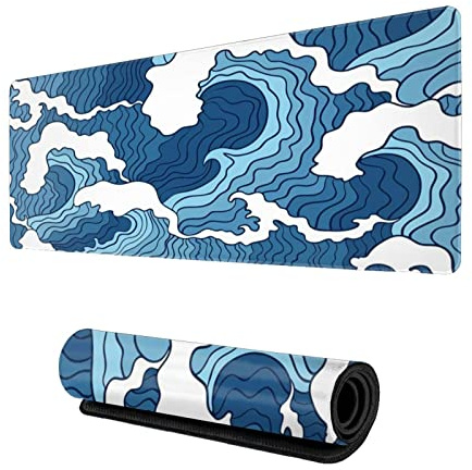 Norchzi Japanese Blue and White Wave Gaming Mouse Pad XL, Stitched Edges Mousepad, Extended Large Mouse Mat Desk Pad, Long Non-Slip Rubber Base Mice Pad, 31.5 X 11.8 Inch