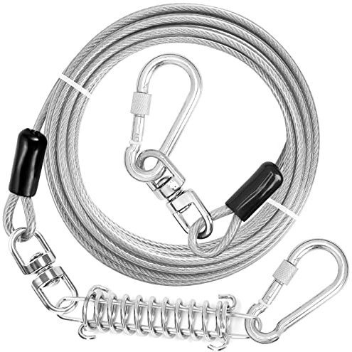 jenico Cable de amarre para perros, 10/15/20/30/40/50/70/100/150 pies con gancho giratorio y resorte de choque, correa para perro para patio al aire libre y camping, para mascotas pequeñas a medianas