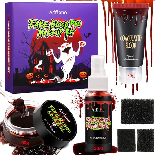 Afflano Kunstblut Halloween Schminke Fake Blood Kit, Kunstblut Spray+ Dunkelrotes Geronnenes Blut+ Frisches Blood, 3* Schwamm, für Zombie Vampir Wunde Narbe Kleidung SFX Makeup Theater Bühne Film
