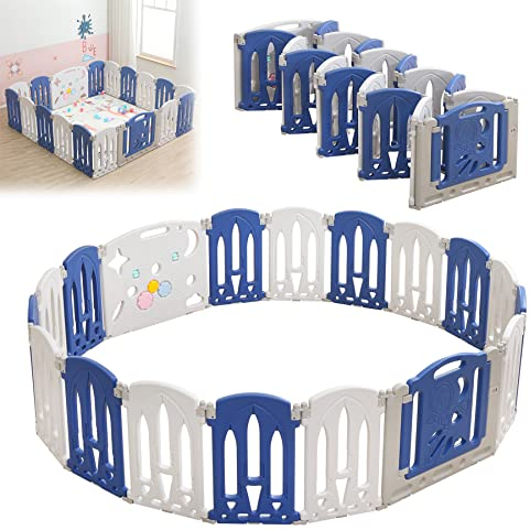 Froadp Laufstall Baby Laufgitter Faltbar Kinderzaun aus Kunststoff Spielzaun Groß Krabbelgitter mit Tür und Spielzeugboard Schutzgitter für Kinder Absperrgitter Sicherheitszaun (18 Paneele, Blau+Weiß)