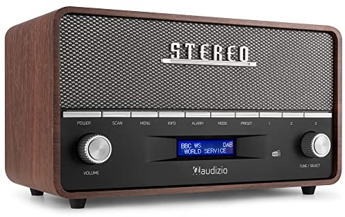Audizio Corno - Retro Radio, DAB Plus Radio Bluetooth, Alarmfunktion, Wecker, Retro, FM, Batterie- und Netzbetrieb, 20 Sender speichern, LCD-Display, AUX, Vintage - Grau