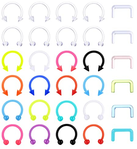 Kakonia 30Pcs Septum Retainer 16G Bunte klare Bioflex Hufeisen U-förmige Septum Ringe Retainers Flexible Kunststoff Nasenringe Reifen Lippe Knorpel Piercing Retainer für Frauen Männer 10