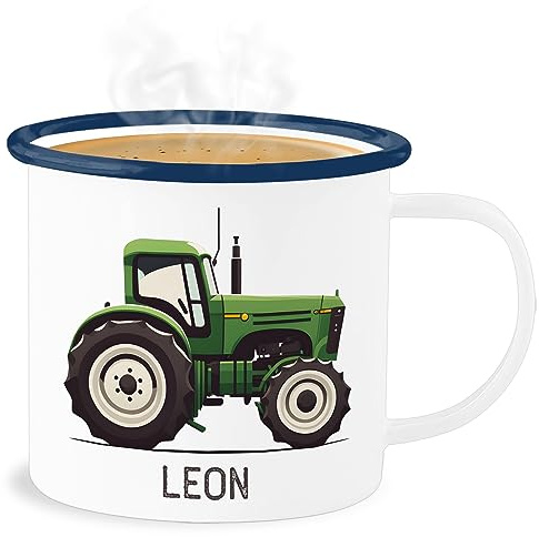Emaille Becher Blechbecher - Traktor mit Name personalisiert I Landwirte Geschenk Landwirt I Traktoren Geschenke Trecker I Landwirtschaft - 300 ml - Weiß Blau - personalisierte tasse kita bulldog