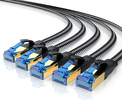CSL - 5 x 0,25m 25cm CAT 8.1 Netzwerkkabel Flach 40 Gbits, Baumwollmantel LAN Kabel Patchkabel, CAT 8 Gigabit RJ45 Ethernet Cable, 40000 Mbits Geschwindigkeit Flachbandkabel Verlegekabel Cat 6 Cat 7