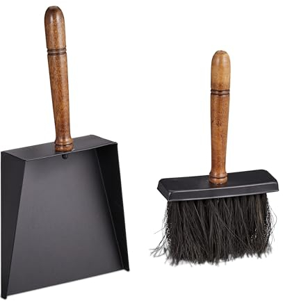 Relaxdays Kit Scopa e Paletta per Camino, Set Accessori Pulizia Legna e Stufa, in Ferro e Manico in Legno, Nero Marrone, 28 x 15,5 x 5 cm