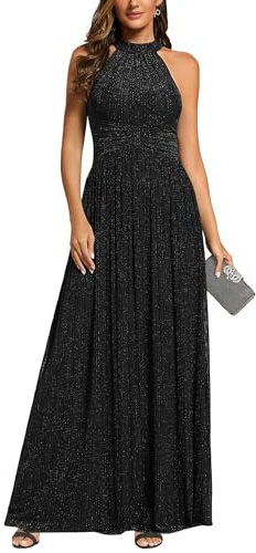 Ever-Pretty Women's Glitter Halter Sleeveless Formal Dresses Evening Gowns Pleated A-line Wedding Guest Dress Black US14