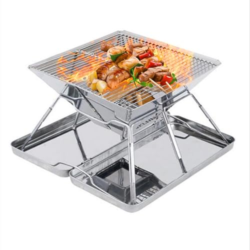 Barbecue Portatile a Carbone, Barbecue Grill, BBQ Griglia in Acciaio Inox, Stufa Pieghevole nel Acciaio Inossidabile con Custodia, Fornello da Campeggio a Legna per Attività All’aperto, Picnic