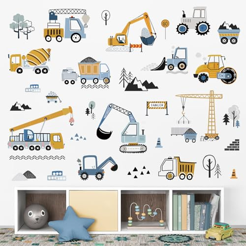 decalmile Wandsticker Fahrzeuge Baustelle Wandtattoo Baufahrzeuge Traktor | Abziehbare und Aufklebbare Wandaufkleber, DIY Abnehmbare Wandkunst Abziehbilder, Wandfreundlich, Leuchtenden Farben