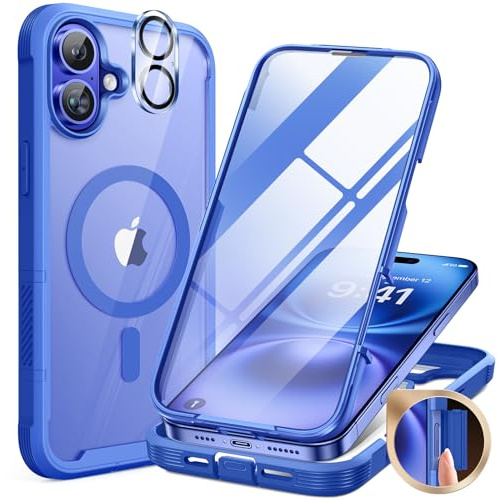 Miracase 360 Grad für iPhone 16 Hülle mit Magsafe, Eingebaut Glas Schutzfolie, Komplettschutz HandyHülle Magnetisch Stoßfest Case für iPhone 16 Schutzhüllen 6,1 Zoll, Blau