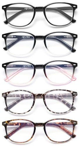 JOLISU 5 Pack Reading Glasses For Women, Blue Light Blocking Computer Reader Spring Hinge Eyeglasses (2.00)