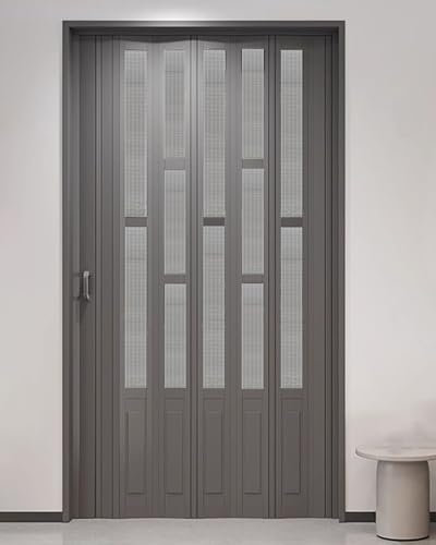 ZIMGOD Falttür Innentüren Innenfalttüren Grau, PVC-Schiebetür mit Acrylglas, Ausziehbares Falttor für Küche Schlafzimmer Speisekammer, Raumteiler-Türgitter(25x39in (63.5x100cm))