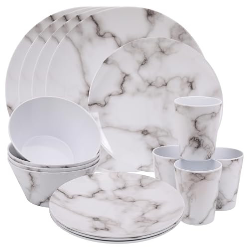 16-Piece Melamine Dinner Set | Elegant Marble Design | Includes Plates, Dessert Plates, Bowls & Cups | Service for 4 | Reusable & Lightweight | Perfect for Indoor, Outdoor, Picnics & Camping