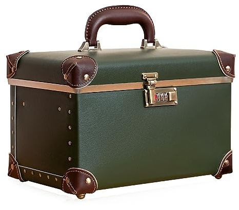 urecity Valigetta porta cosmetici vintage in pelle con specchio, custodia rigida per trucchi da donna, da viaggio, con serratura a combinazione e grande spazio di archiviazione (design retrò), verde