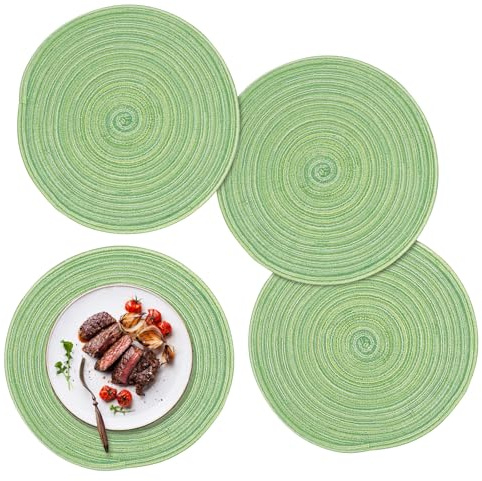 ZYDYRX 4 Stück Tischsets Rund Abwaschbar 30 cm Platzsets Geflochten Hitzebeständig Tischsets Boho Platzset Baumwolle Platzdeckchen Abwaschbar für Speisetisch Küche Hochzeitsfeier Hotel Grün