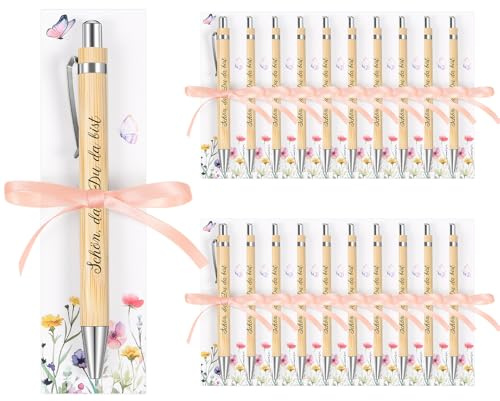 Clabby 20 Sets Schön Das du da Bist Dankeschön Gastgeschenk Hochzeit Holz Kugelschreiber Druckkugelschreiber mit Gravur, Karte, Band, Gastgeschenke für Taufe Geburtstag (Blumen)