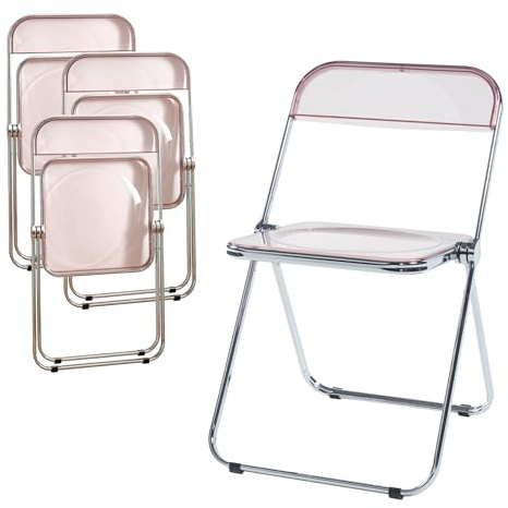 [en.casa] Klappstuhl Pornainen 4er Set Stuhl klappbar Esszimmerstühle 74 x 46 x 47 cm Schreibtischstuhl Belastbarkeit 120 kg Küchenstühle Metallgestell Rosa, transparent
