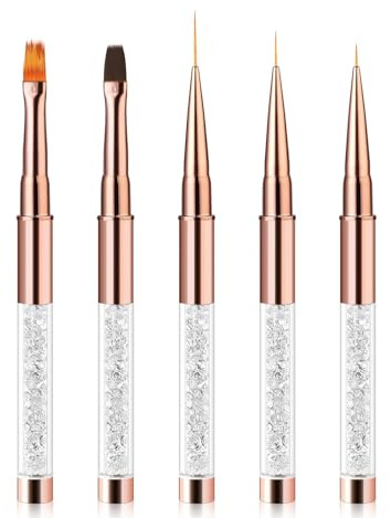 Elalove 5 Pinceaux Nail Art Ongles en Or Rose - Set pour Gel UV/Acrylique avec Pinceau Liner, Plat et à Détails | Poils Doux et Manche Métal Construction Set ã Brosses Strass