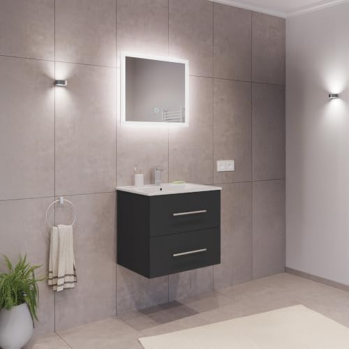 Lomadox Badezimmermöbel Badmöbel Set 2-teilig, Waschtisch Waschplatz 60cm breit mit Waschbecken 2 Softclose Schubladen und LED Spiegel, in grau