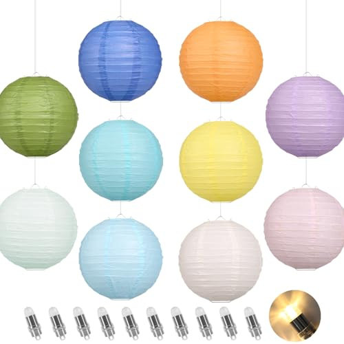 Encham Bunt Lampions Papierlaternen mit LED Lichter 25 cm 10er-Set Runde Lampions Mehrfarbig Batteriebetrieben für Hochzeit Geburtstag Gartenparty Festdeko