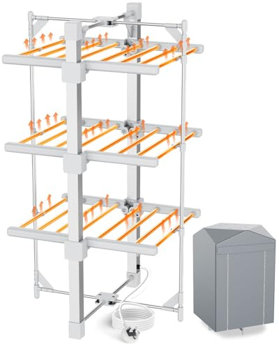 KALAHOL 3-Tier Electric Heated Clothes Airer with Cover - 24 Heated Bars, Foldable Heated Clothes Dryer, Energy-Efficient Laundry Clothes Horse Indoor Laundry Dryer Rack for Fast Drying Wet Clothes