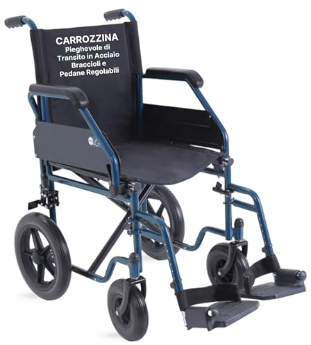 REMEDIA ONE - Carrozzina Pieghevole di Transito in Acciaio Blu con Crociera Singola - Sedia a Rotelle con Ruote in PU, Braccioli e Pedane Regolabili