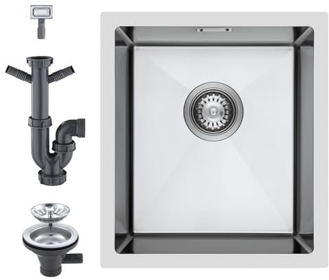 KEOKBON 40 * 45 cm Klein Spüle Edelstahl mit Hahnloch- Kompakte Spülbecken Küche für Arbeitsplatten ab 50cm, Handgefertigte Küchenspüle aus 304 Edelstahl,1 Becken Inkl. Siphon & Über und Ablauf