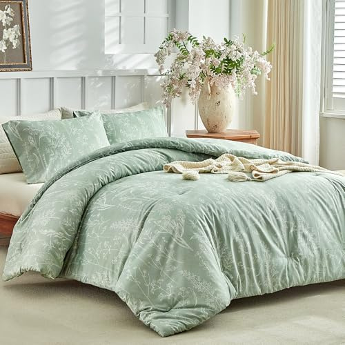Tokokimo Coverless Duvet King Size 7.5 Tog - Sage Green King Duvet with 2 Pillowcase Little Floral Print Soft Lightweight Comforter Set for All Seasons, Green/ 230x220 cm