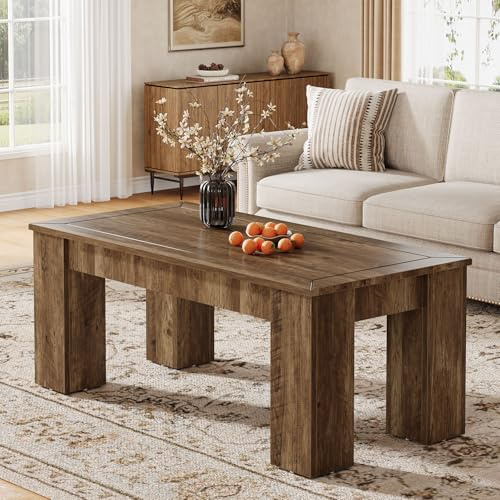 Tribesigns Mesa de Centro Rectangular para Salón, Mesa Marron de Centro Rústica de Madera de 120cm, Mesa Centro Madera Tipo Granja con Patas Resistentes, FáCil Montaje, Marrón Rústico