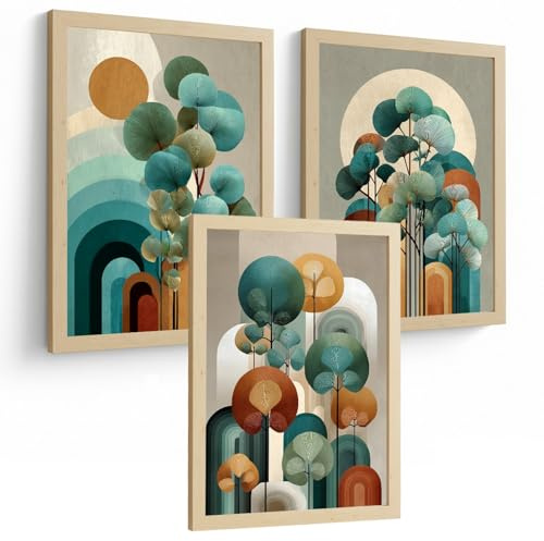 Nacnic Set De 3 Laminas Decorativas Formas Abstractas Florales Cuadros Salon Modernos - Posters Decorativos Azules Turquesa Decoración Dormitorios Cocina Baño A4 Marco Madera Clara