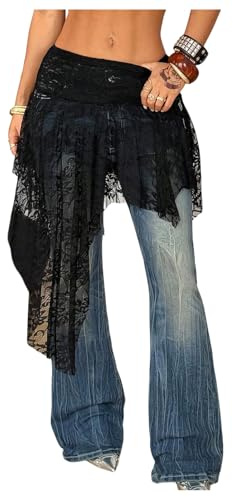 GORGLITTER Women's Sheer Lace Skirts Low Rise Midi Skirt Festival Outfits | Asymmetrical Skirt, Ruched, Flowy, Floaty, Party, Summer, Going Out, Clubbing Skirts