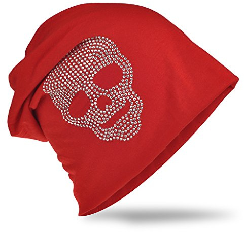 Jersey slouch beanie lång mössa med dödskalle strass applikation unisex enfärgad män kvinnor trend, röd, One size
