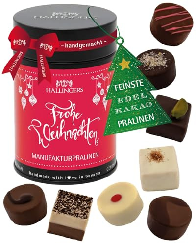 Hallingers Feliz Navidad – Manufactory Pralinen regalo hecho a mano sin alcohol de chocolate de cacao precioso (lata) – Regalos de Pascua cestas de Pascua y como decoración de Pascua | Feliz