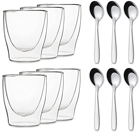 DUOS 6X bicchieri a doppia parete da 80ml + 6X cucchiai in acciaio inox - set di bicchieri termici con effetto fluttuante, bicchieri da caffè di Feelino