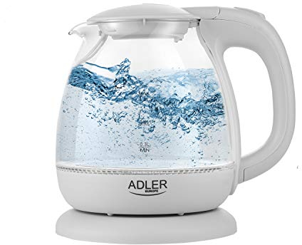 ADLER AD 1283G Wasserkocher aus Glas und Kunstoff, 1L, 1100 W, LED Beleuchtung, Glaswasserkocher für Tee, mit Kalkfilter, Auto-Off, 360 Grad, Tauchsieder aus Edelstahl, Grau