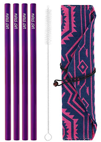 LAST STRAW Geometric Roll Bag Collection – Stainless Steel Purple Cocktail Straws and Brush in a Geometric Rollbag. 7.5 in length, 8mm in width.