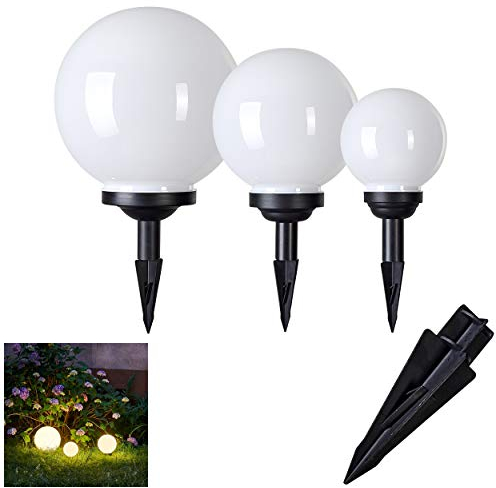Boules lumineuses solaires LED Campinas en plastique blanc étanche, set de 3 potelets de jardin de Ø 15, 20 et 25 cm avec pieu de fixation, interrupteur on/off, 3000 Kelvin (blanc chaud)