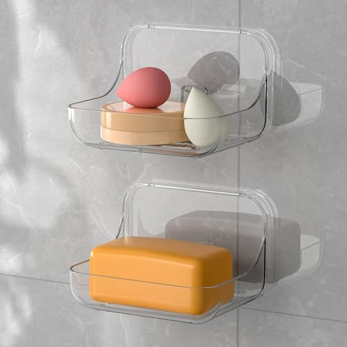 Soap Dish Holder,2 Pack Shower Soap Sponge Holder,Wall Mounted Self Adhesive Storage for Kitchen and Bathroom,Clear PET