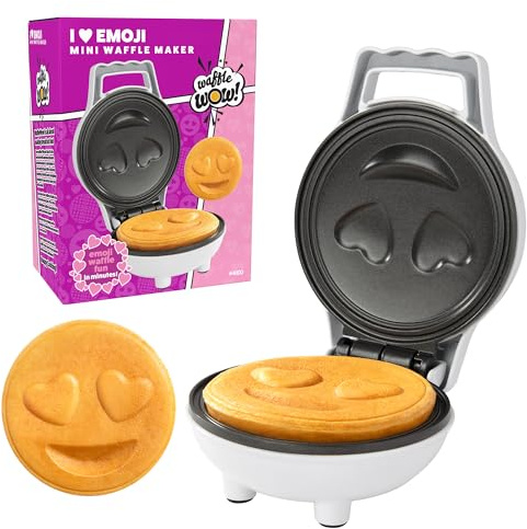Emoji Mini wafflera - Hacer el desayuno especial para ninos con lindos ojos de corazon, diseno de cara sonriente, waffler de 10 cm, electrodomesticos antiadherentes para desayuno, regalo divertido