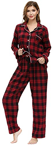 MoFiz Pyjama Femme Coton Ensemble de Pyjama Carreaux Vêtements de Nuit Boutonné à Manches Longues Pantalon avec Poches