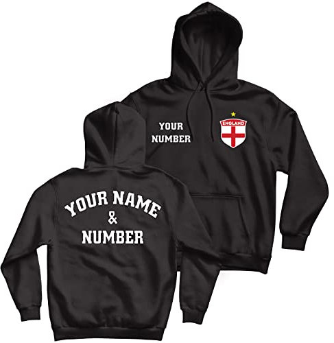 lepni.me Hoodie Sweatshirt England Football Shirt With Your Name and Number - England Flag Badge Personalised Retro Custom Top World Cup 2022 European Football Championship Fan (L Black Multi Color)