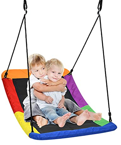 GOPLUS Balançoire Rectangulaire/Arc Suspendue d'Extérieur, Nid d’Oiseaue de Cordes Réglables 100-180CM, Siège Suspendue Extérieur pour Enfant (152x81cm-Arc, Multicolore)