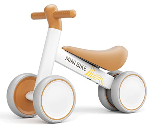 KORIMEFA Kinder Laufrad ab 1 Jahr, Balance Lauflernrad Fahrrad Spielzeug für 10-24 Monate Baby, Erstes Rutschrad Ultraleichtes Kinderfahrrad ohne Pedal mit 4 Rädern für Jungen Mädchen (Weiß Braun)
